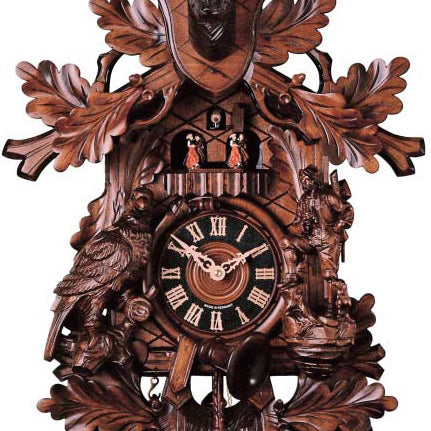  Cuckoo Clock - Carved 8-day musical hunting style cuckoo clock with stag head, large wood grouse bird, hunter and dancers 72cm by Hönes - Cuckoo Collections