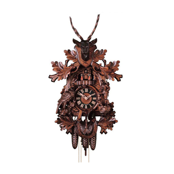  Cuckoo Clock - Carved 8-day musical hunting style cuckoo clock with stag head, large wood grouse bird, hunter and dancers 72cm by Hönes - Cuckoo Collections