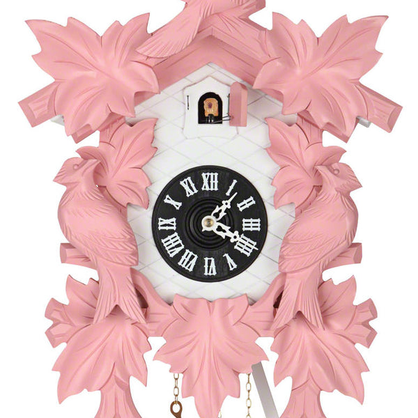  Cuckoo Clock - Carved 8-day (Pink) cuckoo clock with large cuckoo bird, two woodpeckers, and seven maples leaves 40cm by Hekas - Cuckoo Collections