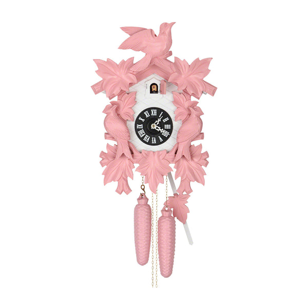 Cuckoo Clock - Carved 8-day (Pink) cuckoo clock with large cuckoo bird, two woodpeckers, and seven maples leaves 40cm by Hekas - Cuckoo Collections