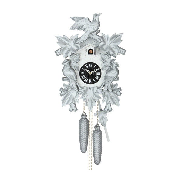 Cuckoo Clock - Carved 8-day (Silver) cuckoo clock with large cuckoo bird, two woodpeckers, and seven maples leaves 40cm by Hekas - Cuckoo Collections