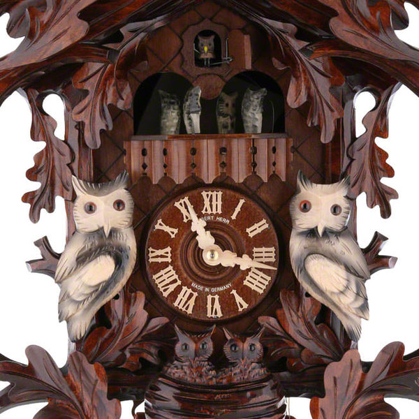  Cuckoo Clock - Carved 8-musical owl themed cuckoo clock with large owl, smaller owls and dancing owls 52cm by Hubert Herr - Cuckoo Collections
