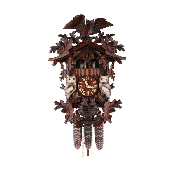  Cuckoo Clock - Carved 8-musical owl themed cuckoo clock with large owl, smaller owls and dancing owls 52cm by Hubert Herr - Cuckoo Collections