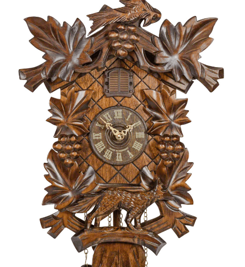 Carved battery-powered musical cuckoo clock with "Aesop's fable" theme 40 cm by Trenkle Uhren