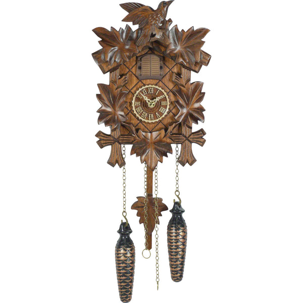Carved battery-powered musical cuckoo clock with bird and five leaves 24 cm by Trenkle Uhren