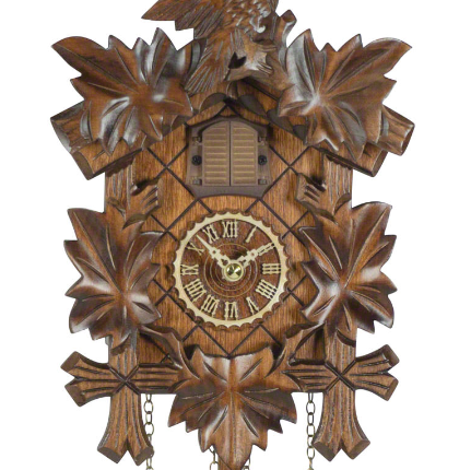Carved battery-powered musical cuckoo clock with bird and five leaves 24 cm by Trenkle Uhren