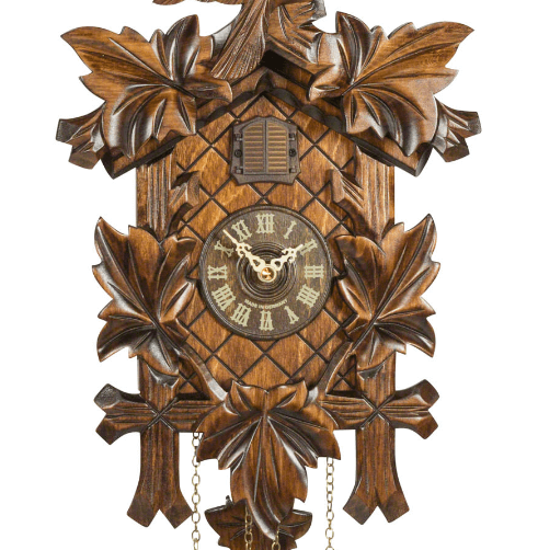 Carved battery-powered musical cuckoo clock with bird and five leaves 35 cm by Trenkle Uhren