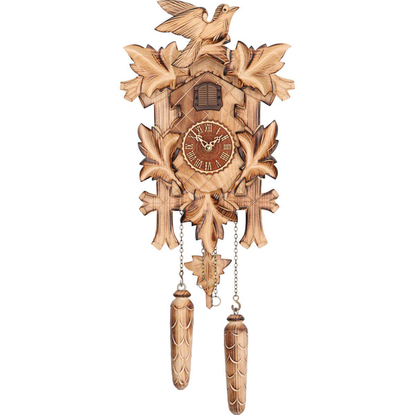 Carved battery-powered musical cuckoo clock with bird and five leaves (Light coloured wood) 36 cm by Trenkle Uhren