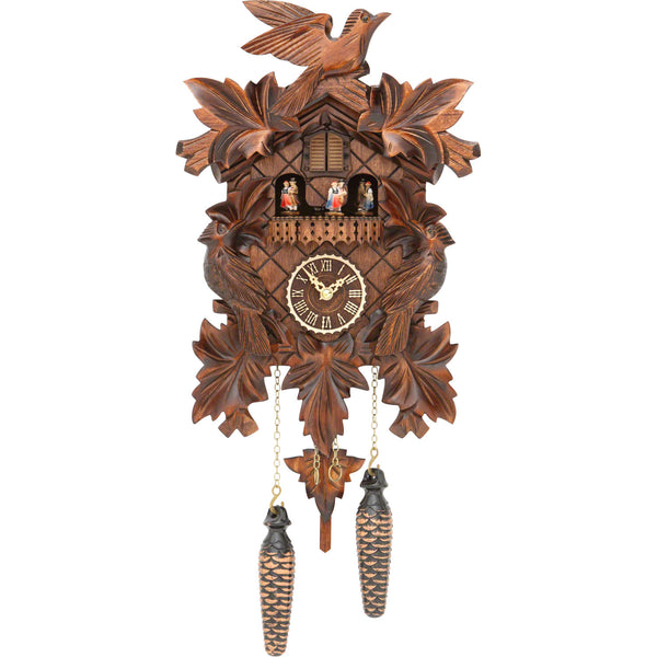 Carved battery-powered musical cuckoo clock with birds and leaves 35 cm by Trenkle Uhren