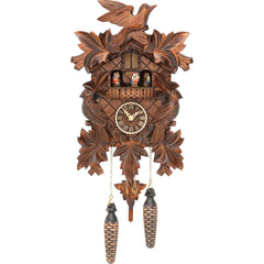Carved battery-powered musical cuckoo clock with birds and leaves 35 cm by Trenkle Uhren