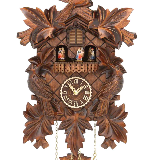 Carved battery-powered musical cuckoo clock with birds and leaves 35 cm by Trenkle Uhren