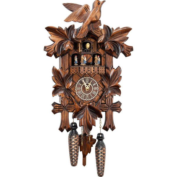 Carved battery-powered musical cuckoo clock with dancers, bird and five leaves 35 cm by Trenkle Uhren