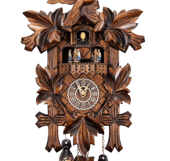 Carved battery-powered musical cuckoo clock with dancers, bird and five leaves 35 cm by Trenkle Uhren