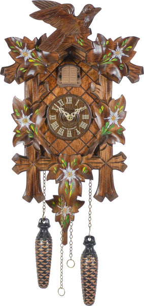 Carved battery-powered musical cuckoo clock with painted-flowers, bird and five leaves 35 cm by Trenkle Uhren