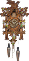 Carved battery-powered musical cuckoo clock with painted-flowers, bird and five leaves 35 cm by Trenkle Uhren