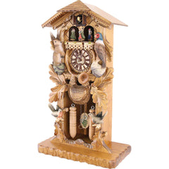 Carved battery-powered musical table cuckoo clock with birds and hare 53 cm by Trenkle Uhren