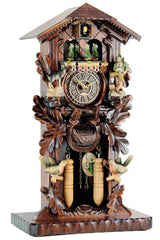 Carved battery-powered musical table cuckoo clock with hunter, ibex and birds 53 cm by Trenkle Uhren