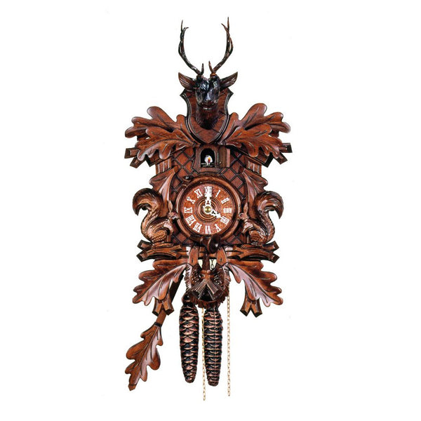  Cuckoo Clock - Carved 1-day hunting-style cuckoo clock made of walnut-stained linden wood 38cm by Hubert Herr - Cuckoo Collections