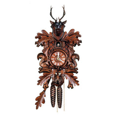  Cuckoo Clock - Carved 1-day hunting-style cuckoo clock made of walnut-stained linden wood 38cm by Hubert Herr - Cuckoo Collections