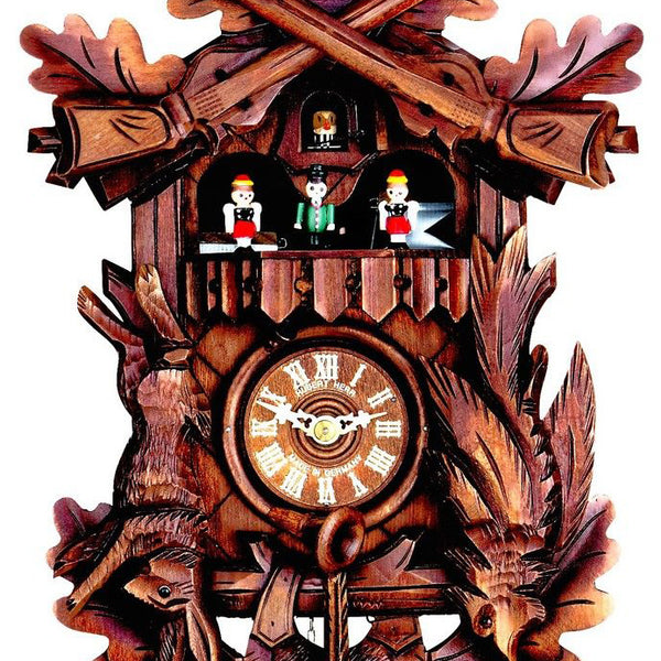  Cuckoo Clock - Carved Hunting-style 1-day musical cuckoo clock with dancers, stag head, hunting rifles, rabbit and pheasant 43cm by Hubert Herr - Cuckoo Collections