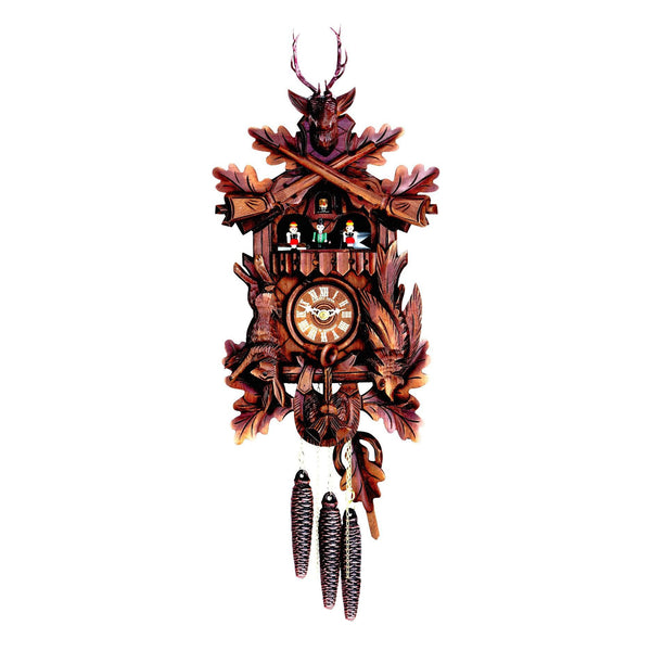 Cuckoo Clock - Carved Hunting-style 1-day musical cuckoo clock with dancers, stag head, hunting rifles, rabbit and pheasant 43cm by Hubert Herr - Cuckoo Collections