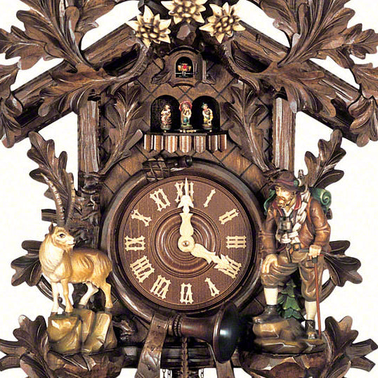  Cuckoo Clock - Carved hunting-style 8-day musical cuckoo clock with outstretched eagle, traditional hunter, chamois, fürst pless horn and dancing villagers 102cm by Hubert Herr - Cuckoo Collections