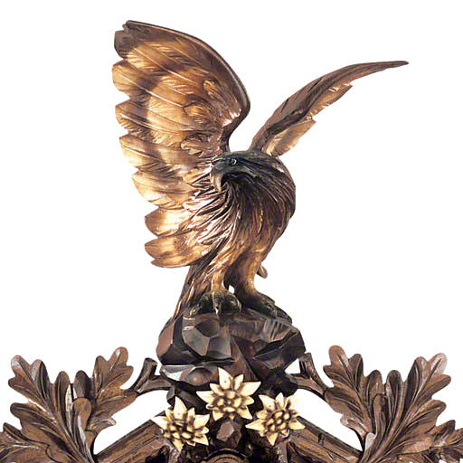  Cuckoo Clock - Carved hunting-style 8-day musical cuckoo clock with outstretched eagle, traditional hunter, chamois, fürst pless horn and dancing villagers 102cm by Hubert Herr - Cuckoo Collections