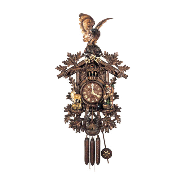  Cuckoo Clock - Carved hunting-style 8-day musical cuckoo clock with outstretched eagle, traditional hunter, chamois, fürst pless horn and dancing villagers 102cm by Hubert Herr - Cuckoo Collections