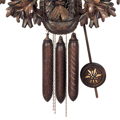  Cuckoo Clock - Carved hunting-style 8-day musical cuckoo clock with outstretched eagle, traditional hunter, chamois, fürst pless horn and dancing villagers 102cm by Hubert Herr - Cuckoo Collections