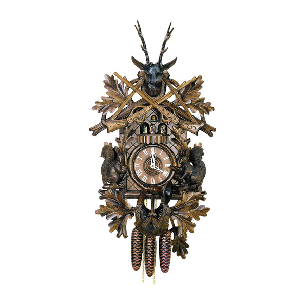  Cuckoo Clock - Carved hunting-style 8-day musical cuckoo clock with stag head, squirrels, plesshorn and rifles 58.5cm by Hubert Herr - Cuckoo Collections