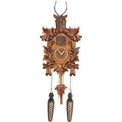 Carved hunting-style battery-powered musical cuckoo clock with stag head 23 cm by Trenkle Uhren