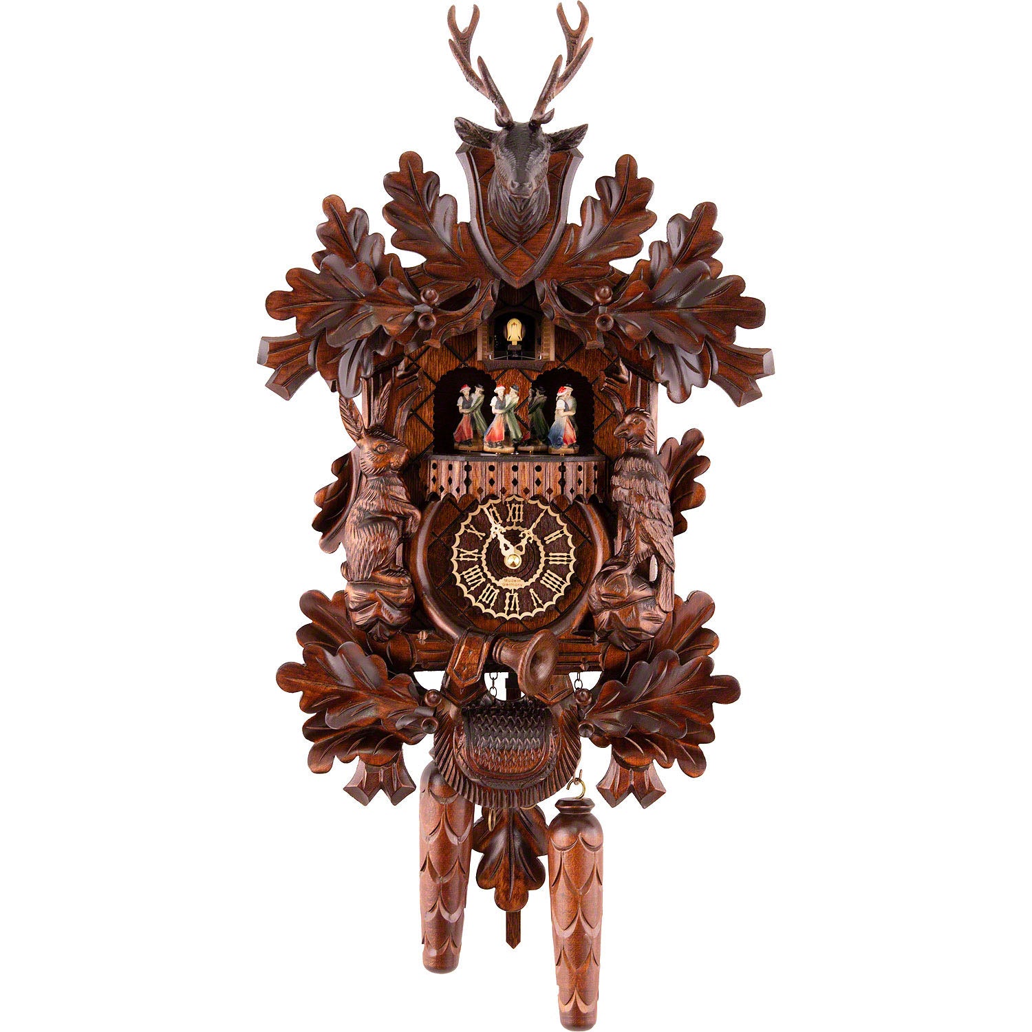 Carved hunting-style battery-powered musical cuckoo clock with stag he ...