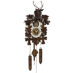 Carved hunting-style battery-powered musical cuckoo clock with stag head (Brown & White) 24 cm by Trenkle Uhren