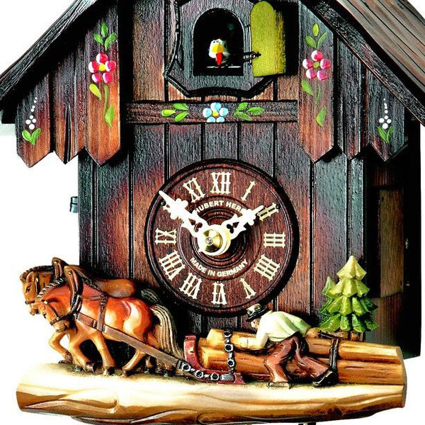  Cuckoo Clock - Chalet 1-day Black forest farm house cuckoo clock with two workhorses and one logger 22cm by Hubert Herr - Cuckoo Collections