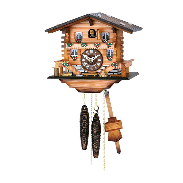  Cuckoo Clock - Chalet 1-day cuckoo clock in Swiss chalet style complete with flowers, curtains and log piles 20cm by Hubert Herr - Cuckoo Collections