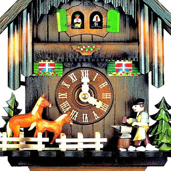  Cuckoo Clock - Chalet 1-day musical cuckoo clock with twin opening doors, two horses and a blacksmith 37cm by Hubert Herr - Cuckoo Collections