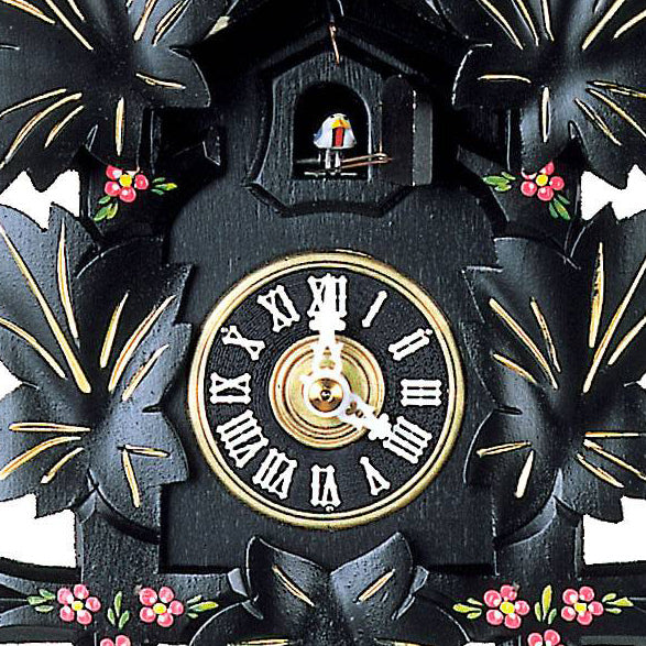 Cuckoo Clock - Carved 1-day cuckoo clock with hand-painted flowers and gold highlights (Black) 30cm by Hubert Herr - Cuckoo Collections