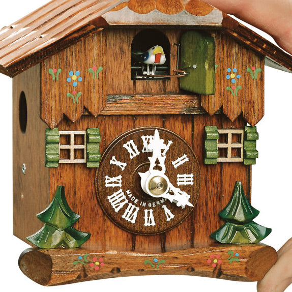  Cuckoo Clock - Chalet 1-day miniature cuckoo clock with two little pines and cuckoo bird 13.5cm by Hubert Herr - Cuckoo Collections