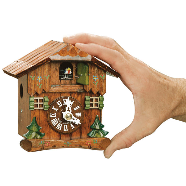  Cuckoo Clock - Chalet 1-day miniature cuckoo clock with two little pines and cuckoo bird 13.5cm by Hubert Herr - Cuckoo Collections