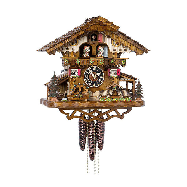  Cuckoo Clock - Chalet 1-day musical cuckoo clock with goats, turning mill-wheel, and moving dancers 32cm by Hönes - Cuckoo Collections