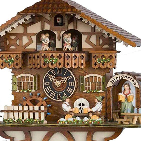  Cuckoo Clock - Chalet 1-day musical cuckoo clock with moving beer drinkers, mill-wheel in the Beer garden with lady and dancers 30cm by Hönes - Cuckoo Collections