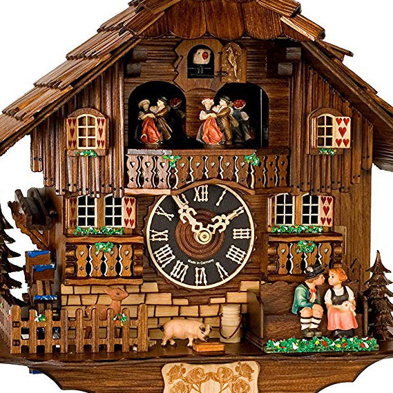  Cuckoo Clock - Chalet 1-day musical cuckoo clock with moving kissing couple, pig and deer, belfry bell tower, mill-wheel and dancers 40cm by Hönes - Cuckoo Collections