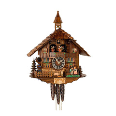  Cuckoo Clock - Chalet 1-day musical cuckoo clock with moving kissing couple, pig and deer, belfry bell tower, mill-wheel and dancers 40cm by Hönes - Cuckoo Collections