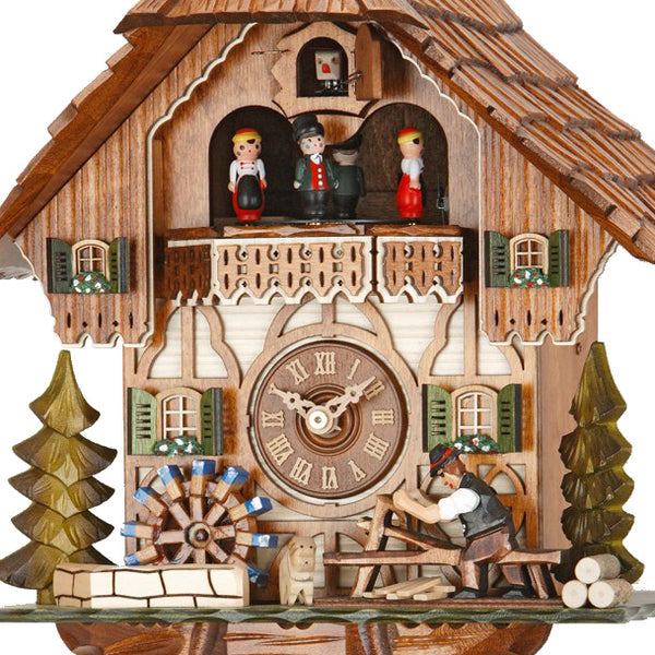  Cuckoo Clock - Chalet 1-day musical cuckoo clock with shingle-maker, mill-wheel, and glockenspiel dancers 33cm by Hekas - Cuckoo Collections