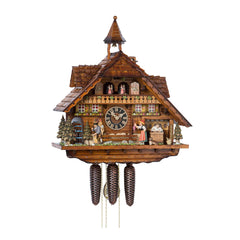  Cuckoo Clock - Chalet 8-day '2006 winner cuckoo clock of the year' musical cuckoo clock with moving clock maker, clock peddler, Black Forest woman, moving mill-wheel, belfry bell tower, and dancers 55cm by Hönes - Cuckoo Collections