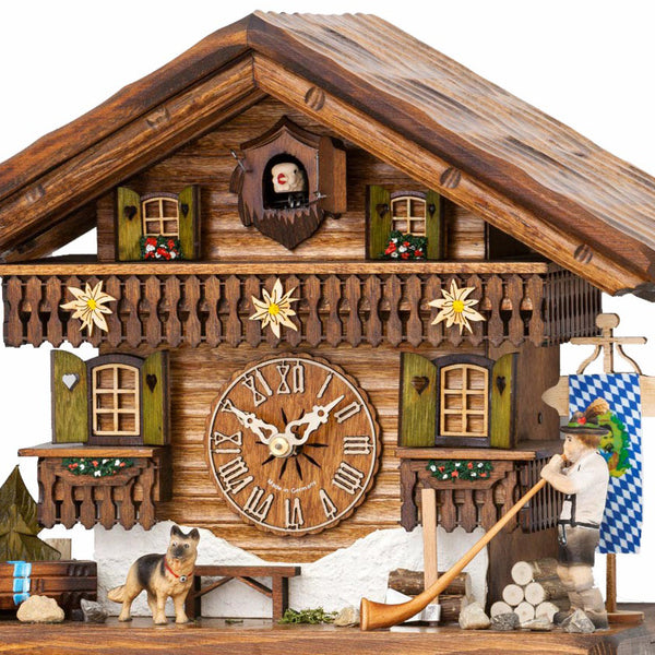  Cuckoo Clock - Chalet 8-day cuckoo clock with alphorn blower, dog and edelweiss flowers 36cm by Hekas - Cuckoo Collections
