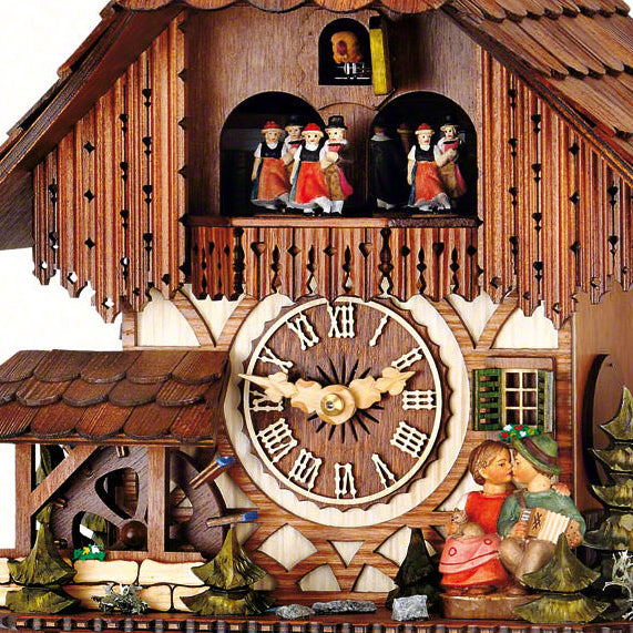 Cuckoo Clock - Chalet 8-day musical Black Forest house cuckoo clock with moving kissing couple, moving water-wheel, and dancers 32cm by Hubert Herr - Cuckoo Collections
