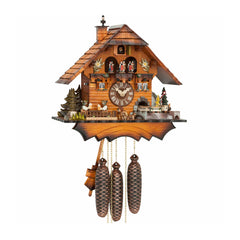  Cuckoo Clock - Chalet 8-day musical Black Forest house cuckoo clock with moving train, chimney sweeper, village dancers, beer drinkers and dog family 36cm by Hubert Herr - Cuckoo Collections