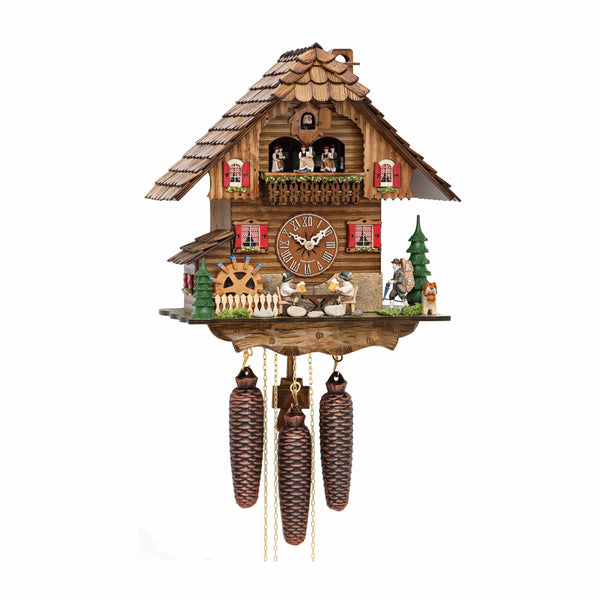  Cuckoo Clock - Chalet 8-day musical cuckoo clock with beer drinkers, clock peddler, dog, mill-wheel, and dancers 38cm by Hekas - Cuckoo Collections