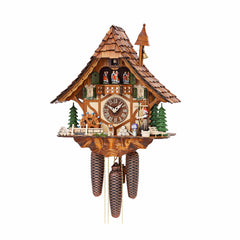  Cuckoo Clock - Chalet 8-day musical cuckoo clock with Black Forest woman bell ringer, belfry bell tower, dog, and dancers 40cm by Hekas - Cuckoo Collections
